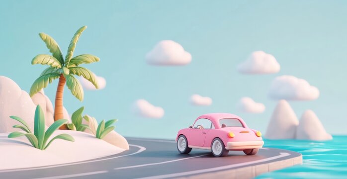 A cute cartoon-style car driving on the road towards an island, illustrated in a charming clay animation style.