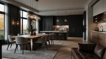 Modern kitchen and dining room with black cabinets, wood accents, and large windows overlooking a fall landscape.