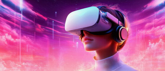 Fototapeta premium Exploring a vibrant virtual reality world with immersive VR glasses in a futuristic setting during an imaginative experience