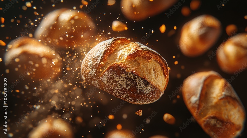 Poster flawless sourdough bread floating in air with sparkle reflex on gradient background - minimalistic 1