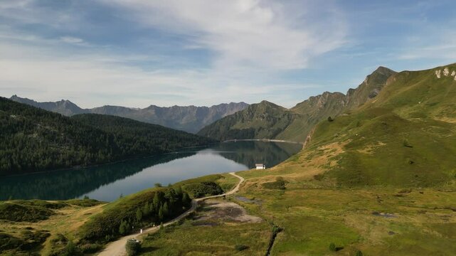 Aerial video of Landscape of lake Ritom in Piora Valley, Ticino, Switzerland