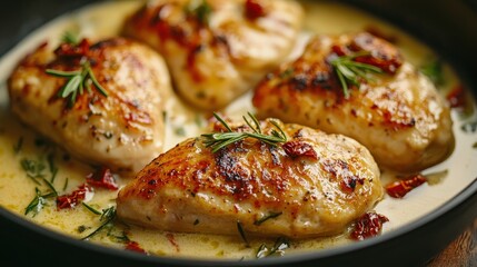 Savory Chicken Cutlets with Sun-Dried Tomato Cream Sauce on a White Plate with Blank Sign Paper in Soft Glow Light - Food Photography Concept