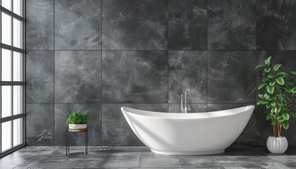 A sleek bathtub sits against a dark tiled wall, with plants nearby. Concept of modern bathroom design. For interior design inspiration.
