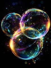 Three luminous bubbles float through darkness, showcasing vibrant colors and sparkling effects that enhance their magical appearance
