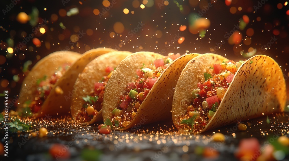 Poster colorful tacos floating in mid air with sparkling reflection on gradient background - minimalist 16k