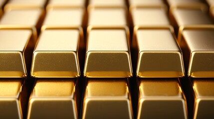 Fototapeta premium A collection of gleaming gold bars arranged neatly, showcasing their reflective surfaces and rich golden hue.