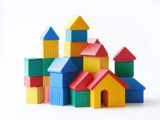 Colorful wooden building blocks arranged creatively in a playful architectural display for children