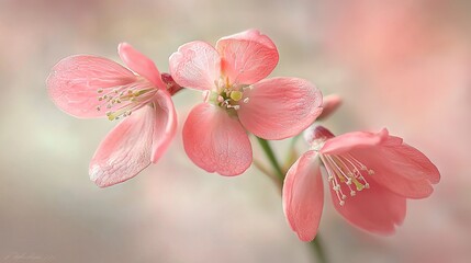 Obraz premium A close-up of a pink flower with water droplets on its petals and a green stem in the foreground