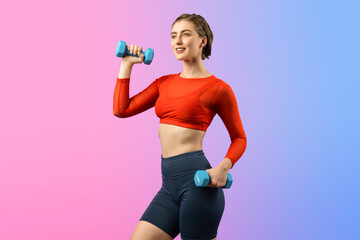 Obraz premium Full body length gaiety shot athletic and sporty woman with dumbbell for weight lifting as bodybuilding exercise in standing posture on isolated background. Healthy active and body care lifestyle