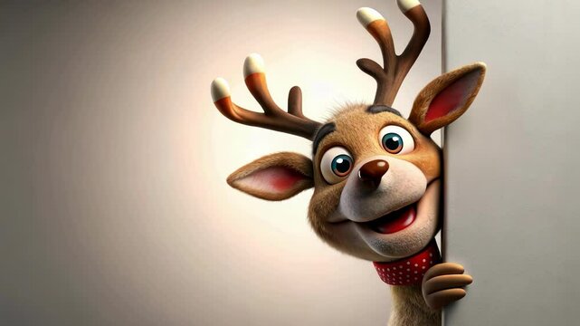 Cheerful animated reindeer with large antlers peeks from behind wall, creating festive and joyful holiday scene perfect for christmas related designs and greetings.