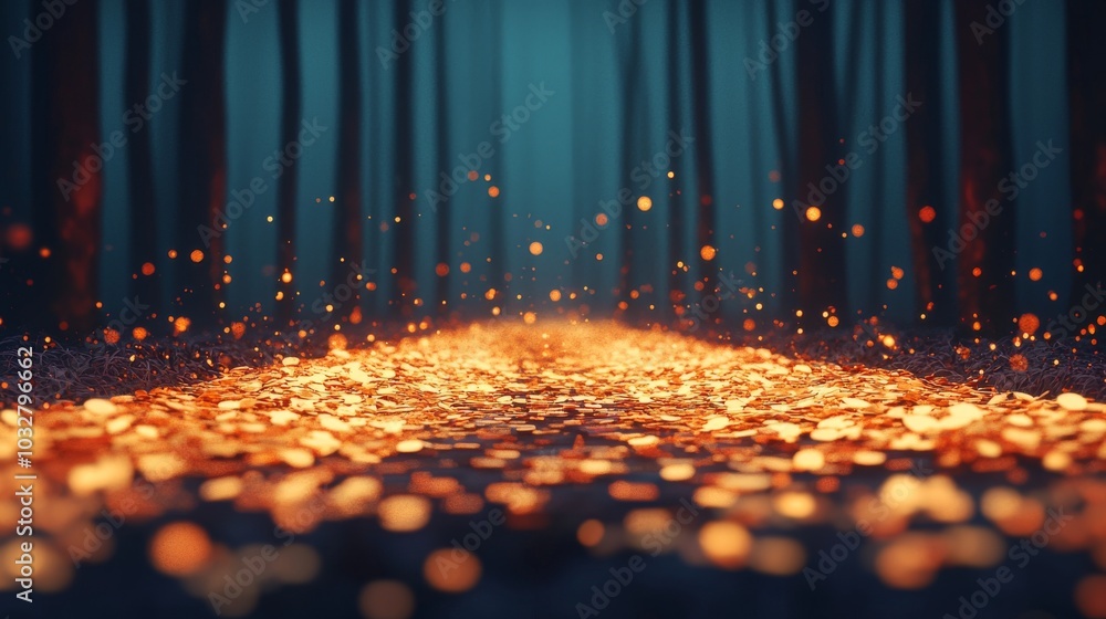 Poster a mystical forest pathway illuminated by glowing particles, creating an enchanting and serene atmosp