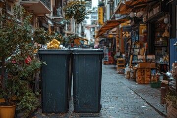 Obraz premium Two Black Trash Bins on a Cobblestone Street in a City