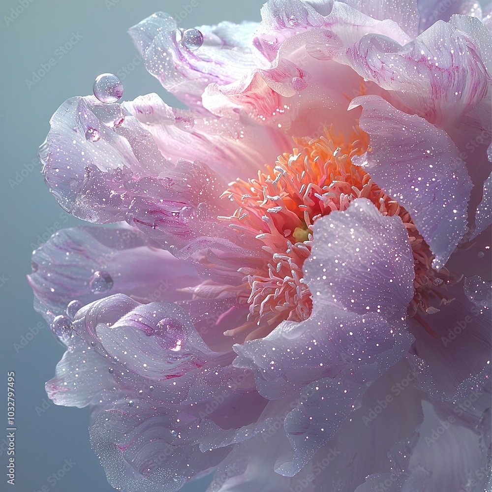 Wall mural   A macro shot of a rose with droplets on its petals against a soft azure backdrop