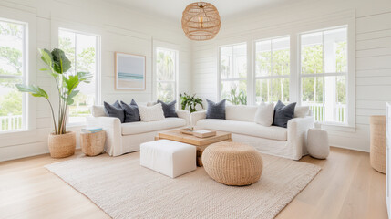 Fototapeta premium Cozy Scandinavian living room with natural light and minimalist decor, perfect for relaxation in a tranquil setting