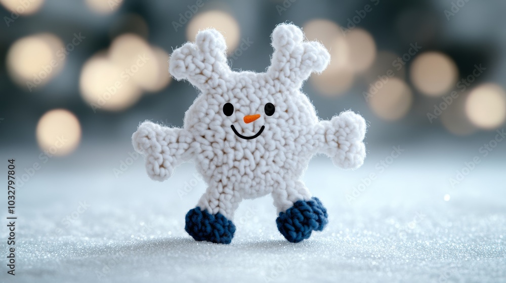 Poster a charming snowflake character with delicate crystalline limbs, gently glowing in a soft winter twil