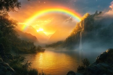 A Majestic Rainbow Arcs Over a Mountain Valley and Tranquil Lake at Sunset
