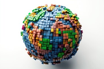 Fototapeta premium Pixelated Globe with 3D Elements Falling Apart