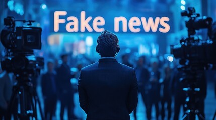 incorrect coverage of events, cameras are filming events, the image is labeled "fake news"