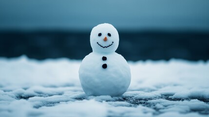 A lonely snowman with a crooked smile, standing in the middle of a melting snowfield, his eyes looking down, capturing a melancholic winter scene 
