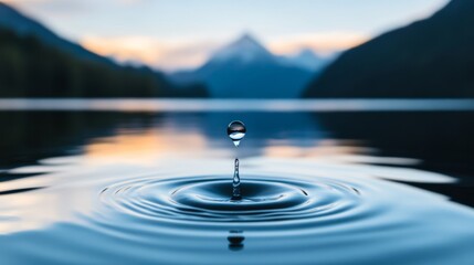 A single water droplet splashing into a calm lake at sunrise, with mountains in the background, representing harmony and the significance of World Water Day 
