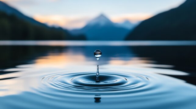 A single water droplet splashing into a calm lake at sunrise, with mountains in the background, representing harmony and the significance of World Water Day 