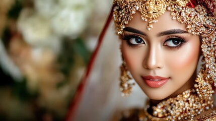 Fototapeta premium Close-up portrait of bride in traditional South Asian attire with intricate jewelry. Concept of beauty.