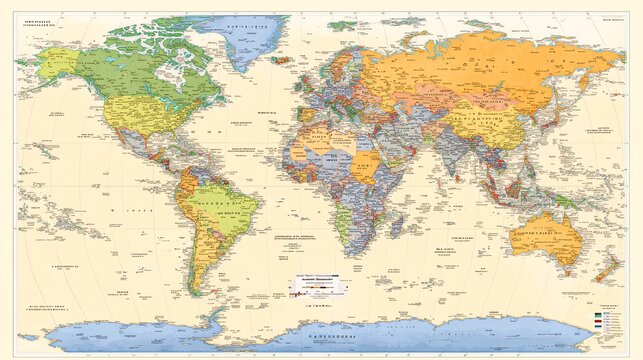 Fototapeta Detailed world map with political boundaries and landforms.