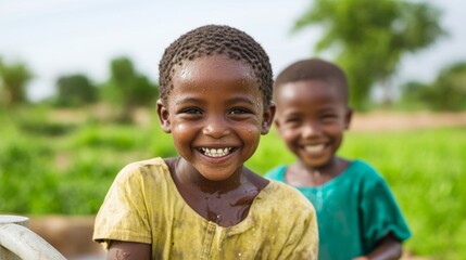 Children playing with water from a hand pump in a village, smiling under the sun, highlighting access to clean water for everyone on World Water Day 