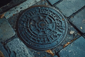 Wet Metal Manhole Cover on a Cobblestone Street
