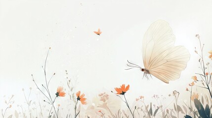  A white butterfly soars above an orange flower field, with another butterfly following close behind