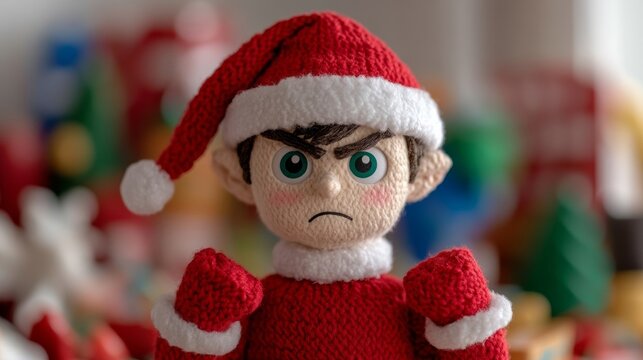 Elf with clenched fists and furrowed brows, glaring at a pile of broken toys, his pointy ears twitching in anger, as mischief unfolds in the North Pole 