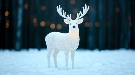 Graceful snow deer with intricately detailed antlers made of ice, standing in a snowy forest, its frosty form glowing softly in the winter twilight 