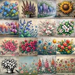 Fototapeta premium Street art Flowers painted on the concrete wall. AI generated illustration