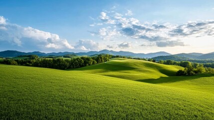 Fototapeta premium Irish countryside with rolling green hills and a rainbow leading to a pot of gold, capturing the magic and folklore of St Patrick’s Day 