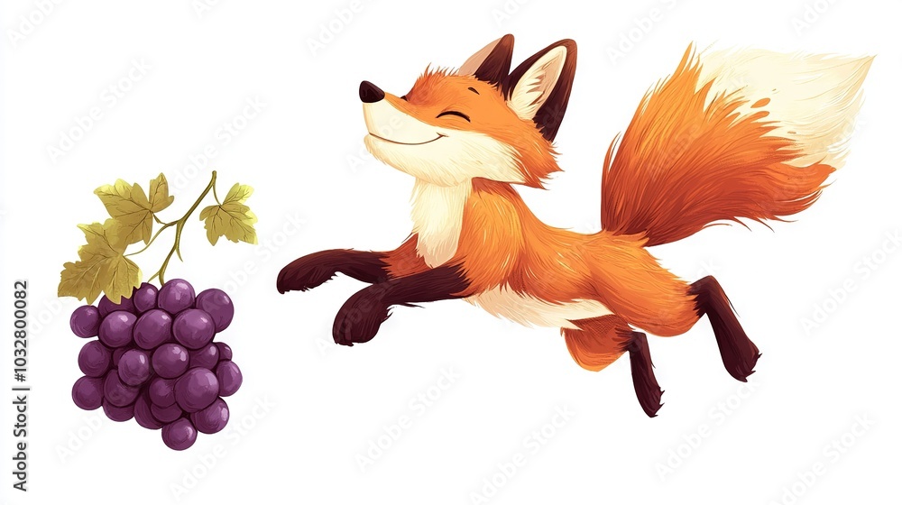 Poster   Fox and Grapes on White Background