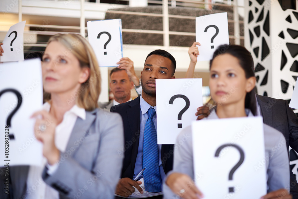 Poster meeting, poster and business people with question mark in office for corporate, seminar and solution