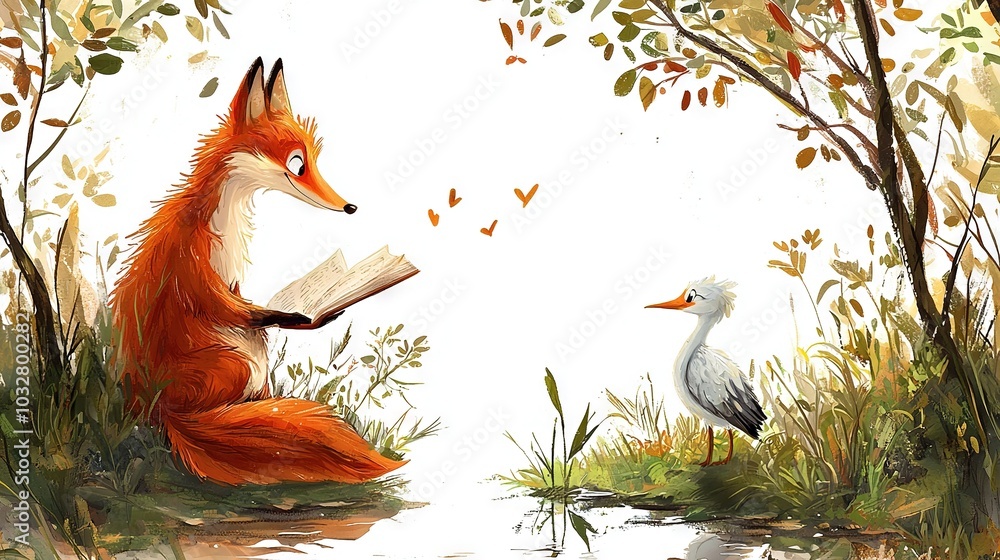 Wall mural  Fox & Duck by Water's Edge - A painting of a fox reading a book alongside a duck in a tranquil water pond, surrounded