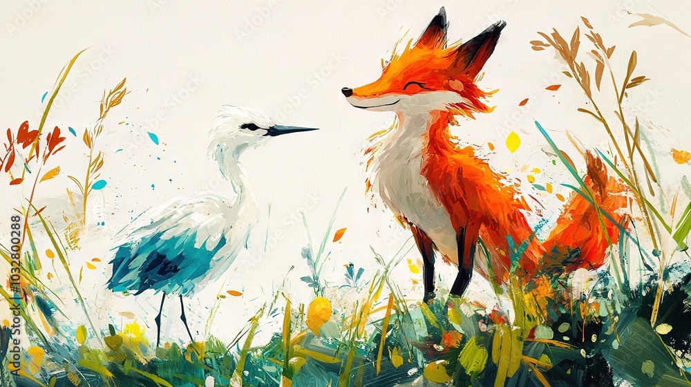 Poster   A fox and a bird stand amidst tall grass with vibrant yellow and red flowers in the foreground of the painting