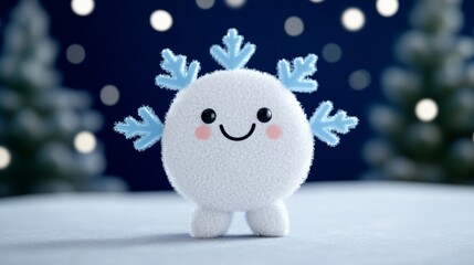 Playful snowflake character with sparkling ice crystal wings, happily spinning in the air, surrounded by twinkling snowflakes and a starry winter sky 