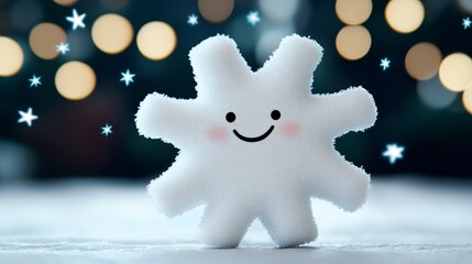 Playful snowflake character with sparkling ice crystal wings, happily spinning in the air, surrounded by twinkling snowflakes and a starry winter sky 
