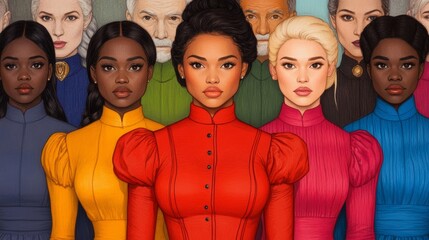Powerful illustration of diverse women from different cultures and professions, standing together with a backdrop of historical achievements, celebrating Women's History Month 