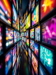 Wall of televisions displaying various colorful broadcasts