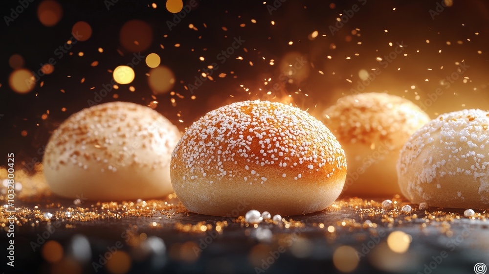 Poster ethereal bao buns floating in air with sparkles on gradient background, minimalistic 16k hyperdetail