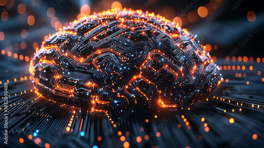 Aufkleber a digital rendering of a brain with circuit board design and glowing lights