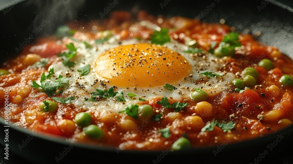 Poster gourmet shakshuka levitation in hypnotizing 16k minimal composition on gradient background with spar