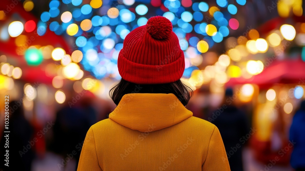 Wall mural Short person walking confidently through a market, surrounded by vibrant stalls and lights, smiling and enjoying the festive atmosphere 