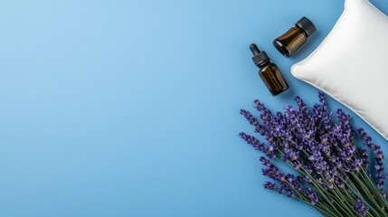 Sleep mask, lavender oil, and a fluffy pillow laid out on a serene blue background, ready for a restful night to celebrate World Sleep Day 