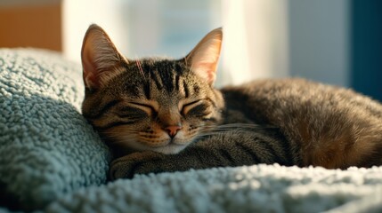 Sleepy cat curled up on a fluffy blanket in a cozy room, with soft sunlight streaming through the window, representing relaxation on World Sleep Day 