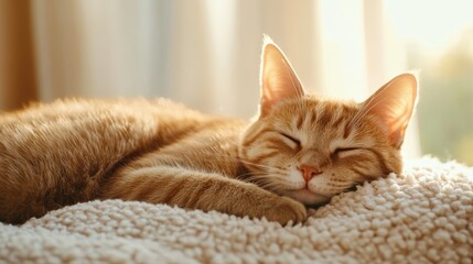 Sleepy cat curled up on a fluffy blanket in a cozy room, with soft sunlight streaming through the window, representing relaxation on World Sleep Day 