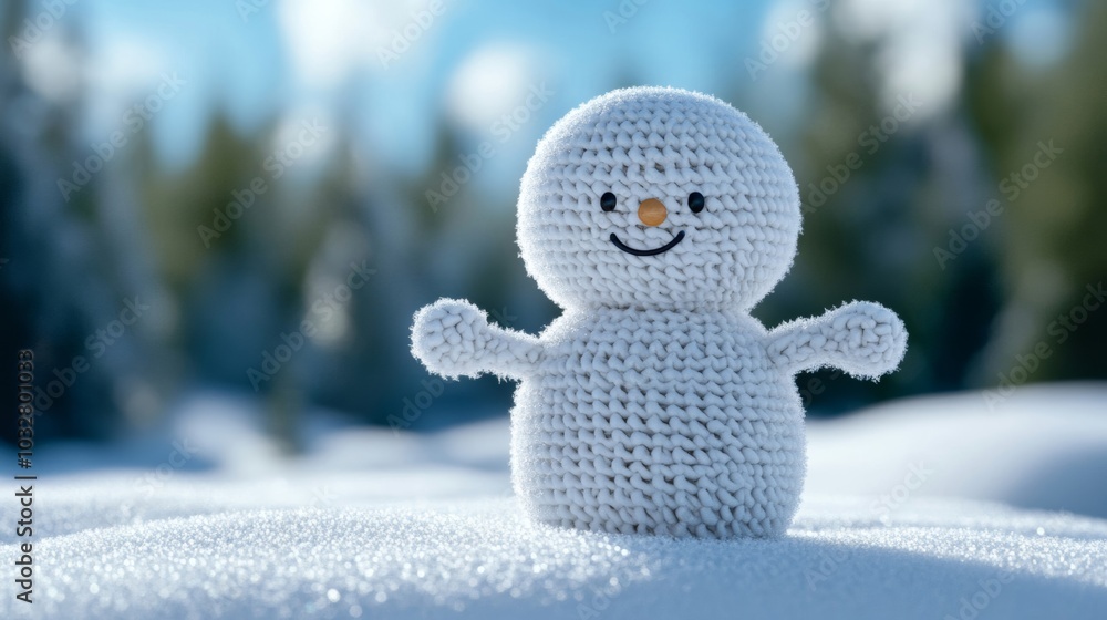 Poster snowflake character with swirling icy patterns, smiling warmly as it floats among snow-covered trees